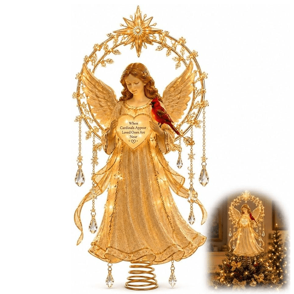 Lighted Memorial Christmas Tree Topper Collection with Warm Glow and Crystal-Inspired Accents, for Family (Memorial Angel)