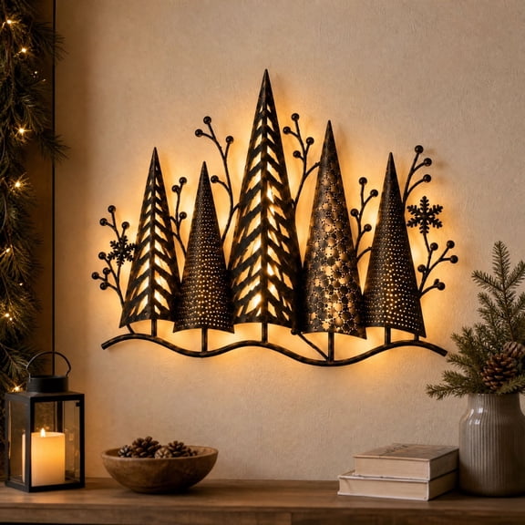 Lighted Metal Christmas Tree Wall Decor, Vintage Forest Tree Wall Art, Flat Metal Wall Hanging with Warm Lights for Indoor Christmas Home Decoration