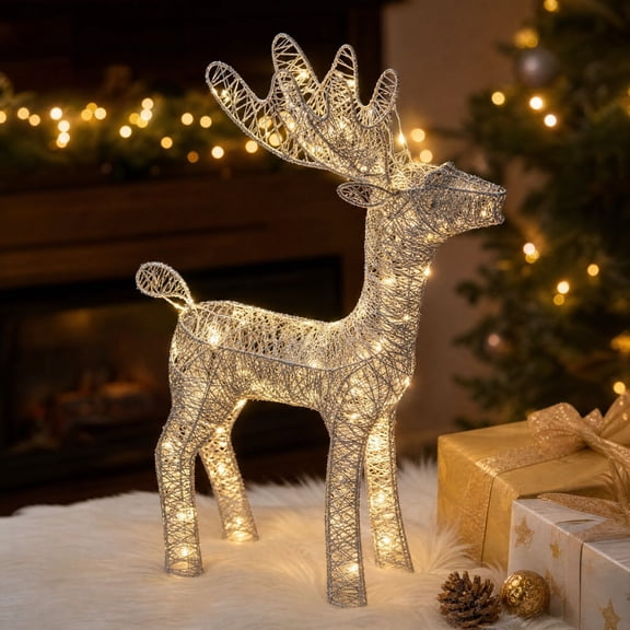 Lighted Metal Mesh Reindeer Christmas Decoration with LED Lights, Holiday Deer Figurine for Indoor Outdoor Yard and Home Display, Silver