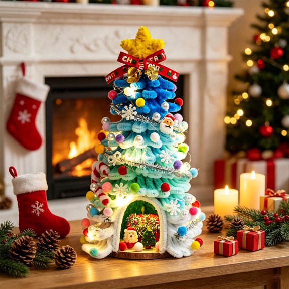 Lighted Mini Christmas Tree Tabletop DIY Kit Blue Chenille Stem with Fairy Lights Pom Pom Ornaments Star Topper 11 Inch Xmas Centerpiece Holiday Decor Gift