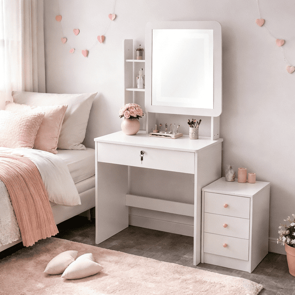 Lighted Mirror Vanity Desk Set with Lockable Drawer & 3-Drawer Side Cabinet, Compact White Makeup Table with Storage Shelves for Small Bedroom Apartment