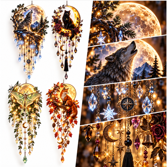 Lighted Moon and Star Wall Decor, Cascading Crystal Style Celestial Hanging with Woodland Botanical Details for Rustic Cabin Gothic Cottagecore Home, Fox - Autumn Moon