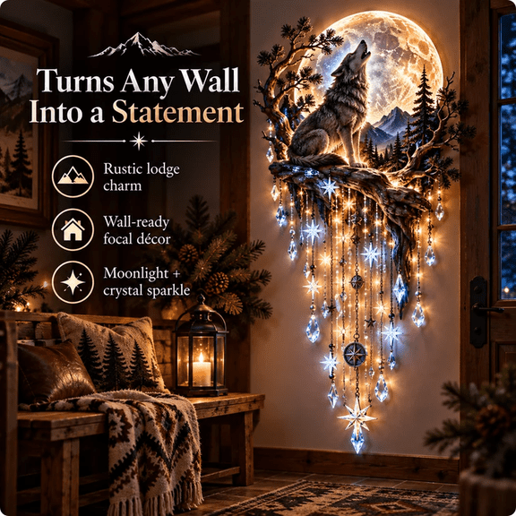 Moon Starfall Wall Light, Lighted Celestial Woodland Wall Hanging with Moon Stars Crystal Style Drops and Nature Design for Bedroom Living Room Cabin Decor, Wolf - Moonlit Mountain
