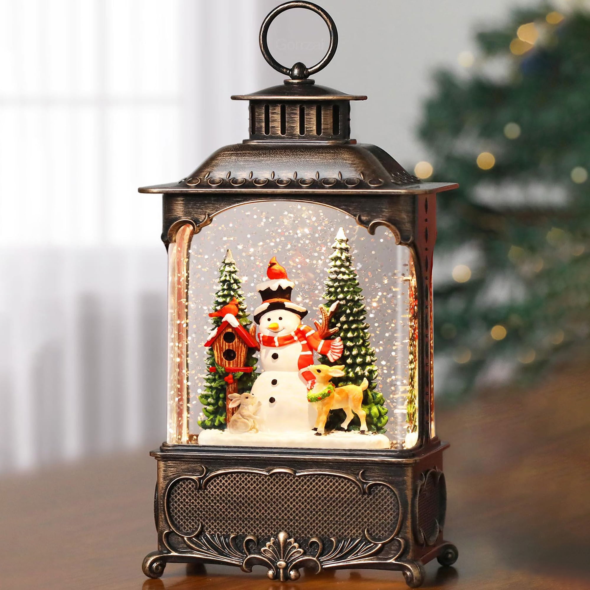 Lighted Musical Snow Globe Lantern - Snowman, Deer, Cardinal & Rabbit ...