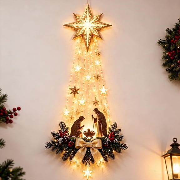 Lighted Nativity Bethlehem Star Wall Decor with Warm LED Lights – Gold, Indoor & Outdoor Christmas Hanging Decoration (1PCS)