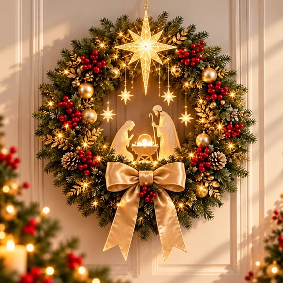 Lighted Nativity Christmas Wreath Bethlehem Star Christmas Wreaths for ...