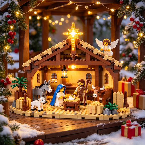 Lighted Nativity Scene Building Block Set, Christmas Decor with Glowing Bethlehem Star, Holy Family Manger Scene, Christmas Decorations Indoor for Tabletop Mantel Display
