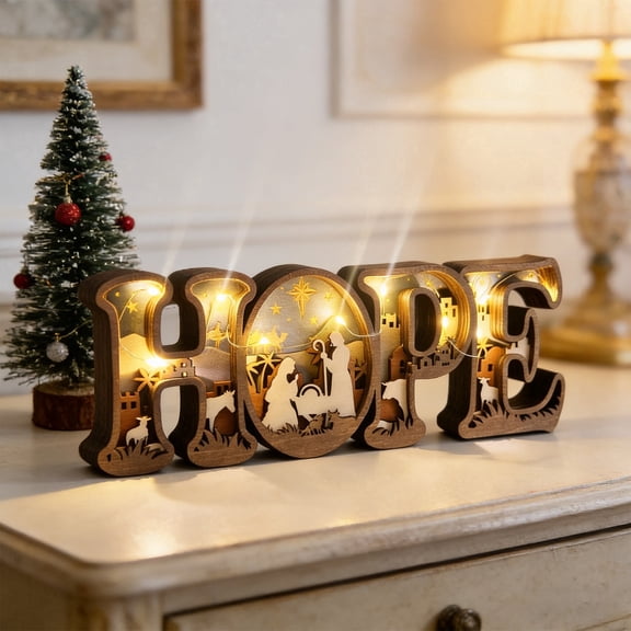Lighted Nativity Scene Wooden Decor, Religious Hope Tabletop Ornaments, Rustic Wooden Sign for Easter Christmas Table Mantle Shelf Home Church Faith Decoration