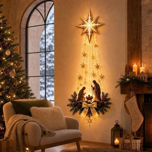 Lighted Nativity Wall Decor, 31.5 inch Christmas Window & Entryway Light Trail with Radiant Gold Figures, Glowing Hanging Indoor Deocration for Holiday Home Decor