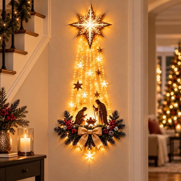 Lighted Nativity Wall Decor, Bethlehem Star Christmas LED Hanging Decor