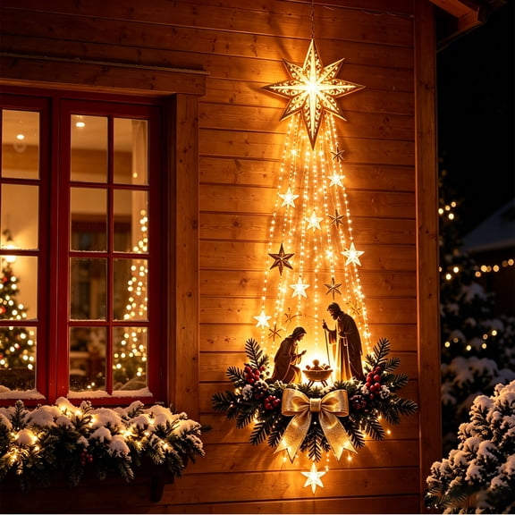 Lighted Nativity Wall Decor, Bethlehem Star of Faith, LED Christmas Wall Hanging with Holy Family Scene and Warm Lights for Home, Fireplace and Entryway