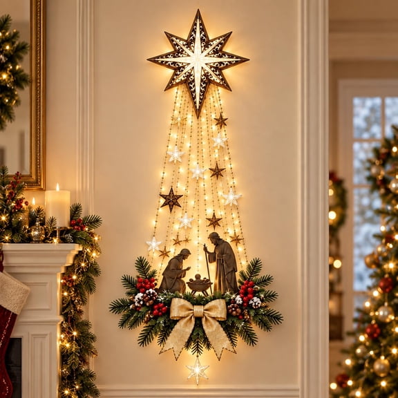 Lighted Nativity Wall Decor, Bethlehem Star of Faith,Warm LED Glow, Bethlehem Star Detail, Holy Family Silhouette, Rustic Holiday Accent for Fireplace, Entryway, Living Room