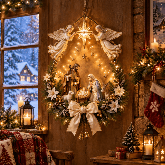 Lighted Nativity Wall Decor, Bethlehem Star of Faith Christmas Hanging with Holy Family Scene, Warm LED for Home, Fireplace & Entryway E