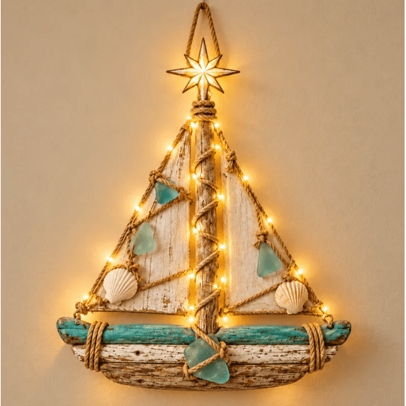 Lighted Nautical Harbor Sailboat Christmas Tree Hanging Wall Decor ...