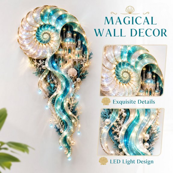 Lighted Nautilus Shell Metal Wall Decor with LED Lights, Ocean Castle and Wave Design, 2D Coastal Beach Wall Art Hanging for Living Room, Bathroom and Patio Decor