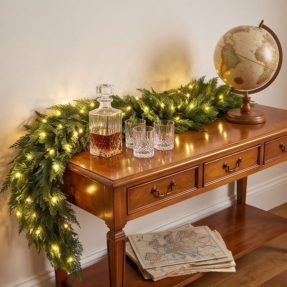 Lighted Norfolk Pine Garland with Warm White LED Lights, Soft Touch Artificial Christmas Greenery, Table Fireplace Wall Stair Railing Decor, Flexible Winter Home Accent, Green-S