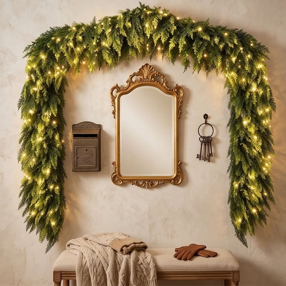 Lighted Norfolk Pine Garland with Warm White LED Lights, Soft Touch Artificial Christmas Greenery, Table Fireplace Wall Stair Railing Decor, Flexible Winter Home Accent, Green-M