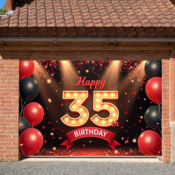 Lighted Number Design 35th Birthday Banner Red Black Balloons  Display Confetti Decor Festive Ribbon Birthday Backdrop for 35th Birthday Party Adult Celebration Indoor Decoration