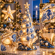 Coastal Christmas Seashell Tree Projection Lamp, Lighted Nautical Holiday Tree with Seashells Seahorse Starfish Coral Pearl Accents and Star Topper for Beach House Christmas Decor