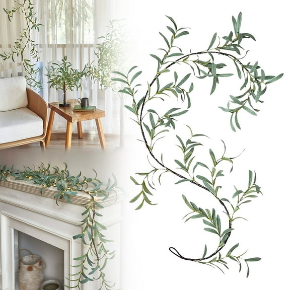 Lighted Olive Garland - Battery Operated with Timer, 96 Lights, 6FT Artificial Greenery Twig Vine for Christmas, Spring, Fireplace Mantle Decoration, Indoor/Outdoor Use