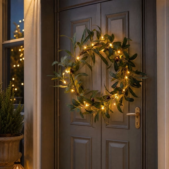 Lighted Olive Wreath Lamp Artificial Olive Branch Garland with Warm White LED Lights Battery Operated Timer for Table Centerpiece Mantel Home Decor