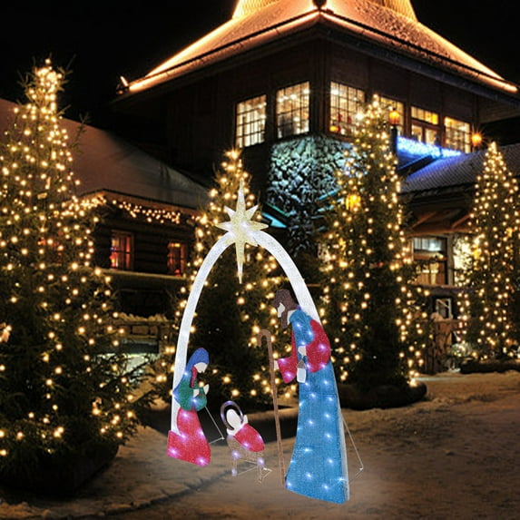 Lighted Outdoor Christmas Decoration Nativity Scene, Lighted Christmas Decor Set for Lawn and Home Holiday Party with Lights, Ground Stakes and Zip Ties, White, 5ft