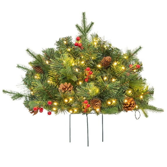 Lighted Outdoor Christmas Urn Filler Artificial Pre lit Trees with LED Lights Red Berries Pine Cones Battery Operated Holiday Decor for Planters Pathway Yard Driveway