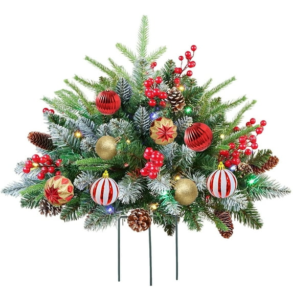 Lighted Outdoor Christmas Urn Filler Artificial Pre lit Trees with LED Lights Red Berries Pine Cones Battery Operated Holiday Decor for Planters Pathway Yard Driveway