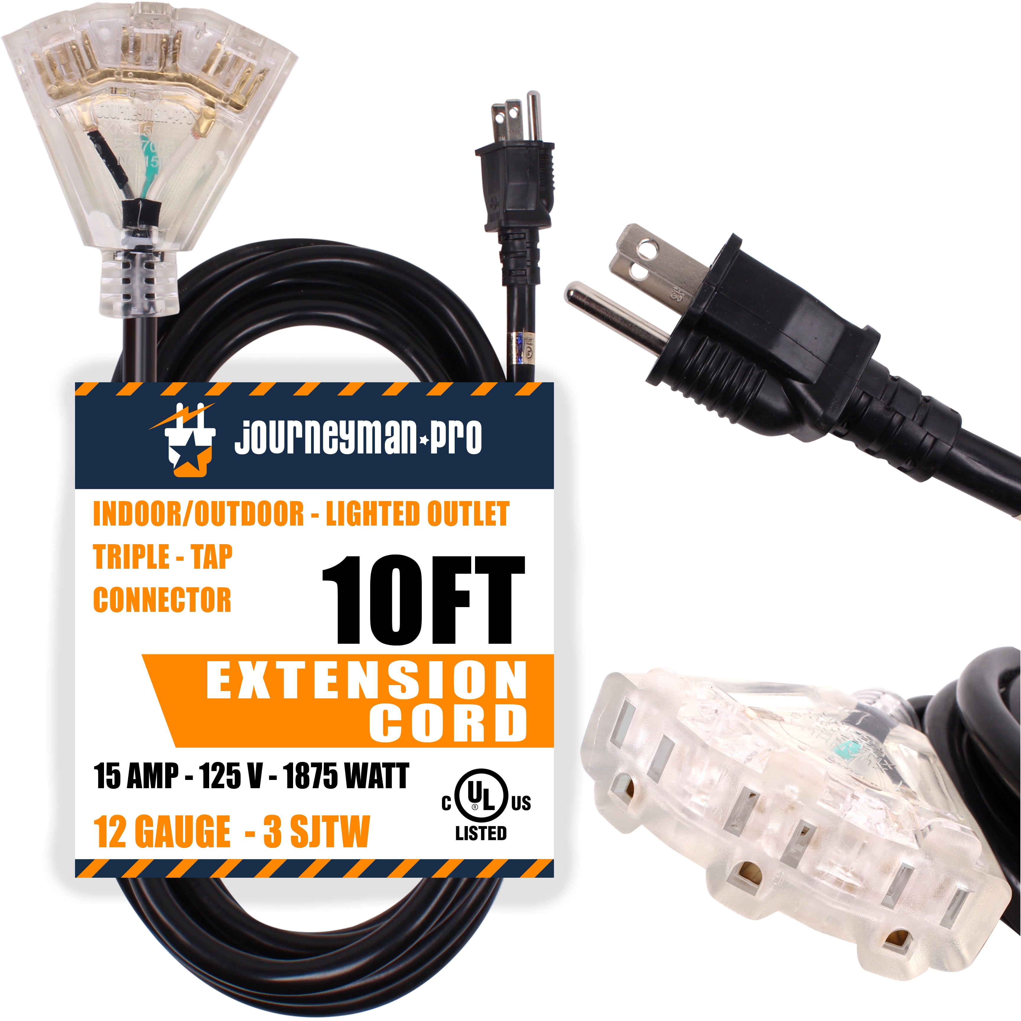 Lighted Outdoor Extension Cord 3 Electrical Power Outlets Fan Style by