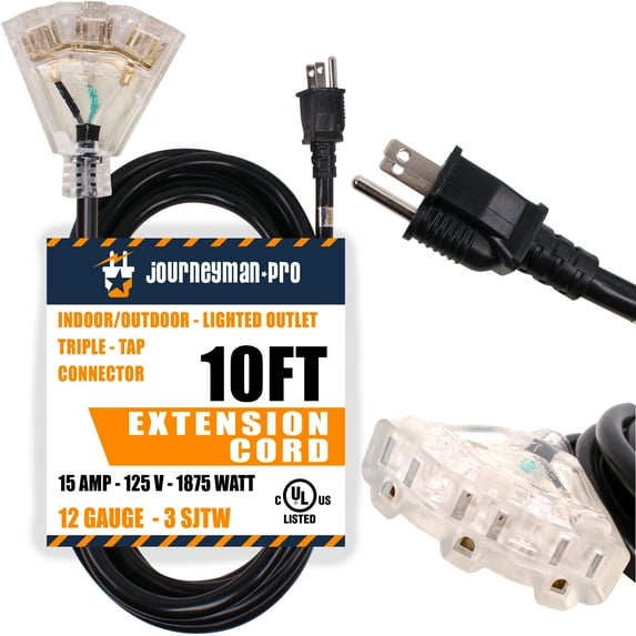 Journeyman-Pro 12/3 15 Gauge 10ft Black 3 Outlets Wedge Extension Cord