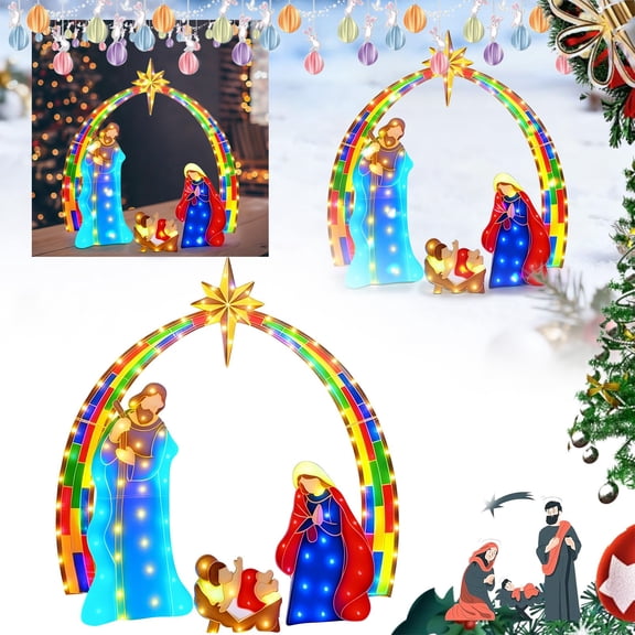 Lighted Outdoor Nativity Scene with Stakes, Mini Christmas Scene LED Yard Decoration, Holy Family Christmas Display for Lawn, Holiday Winter Decor Indoor & Outdoor