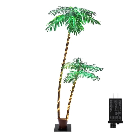 Lighted Palm Tree, 2 Trunks Decoration Decor, 6Ft Fake Palm Tree with 8 Mode for Tiki Bar Indoor Outdoor Decor, Artificial Palm Tree Decoration, Light Up LED Artificial Trees Lights