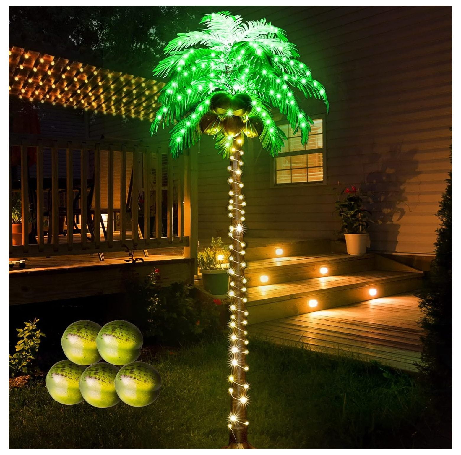 Lighted Palm Trees, 7FT 187 LED Artificial Palm Tree with 5 Coconuts