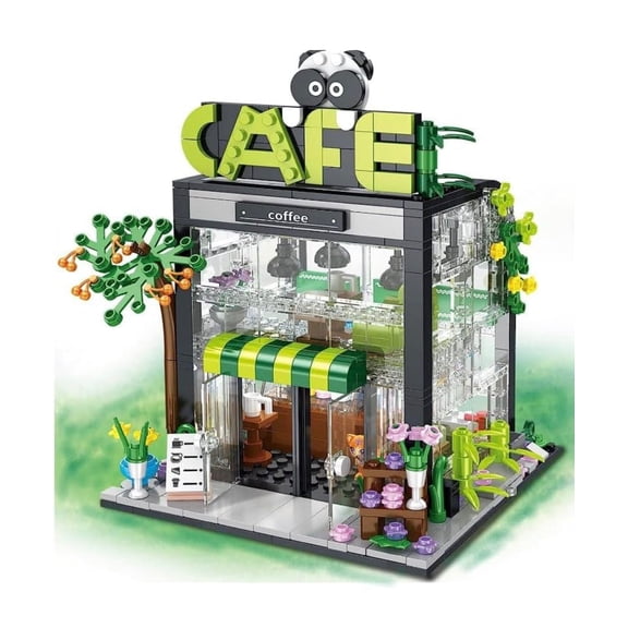 General Jims Toys & Bricks Lighted Panda Cafe, Modular City Building Blocks Set, Hobby Display