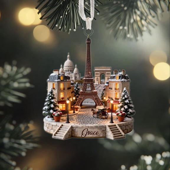 Lighted Paris Christmas Ornament – Eiffel Tower Scene Decor, Miniature Diorama, Parisian Scene Holiday Gift, Paris Lover Gift, French Ornament