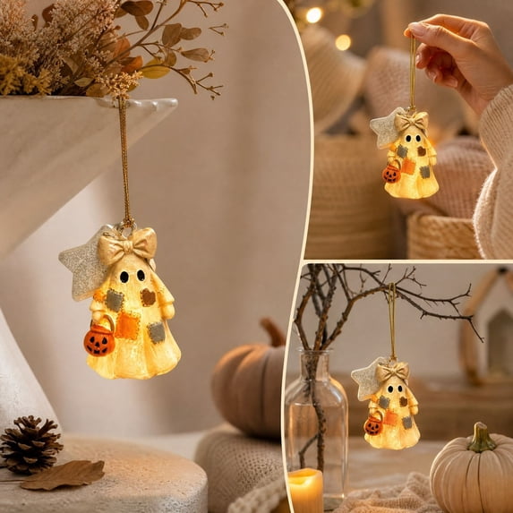 Lighted Patchwork Ghost Halloween Ornament Cute Resin Hanging Decor with Pumpkin Bucket and Bow