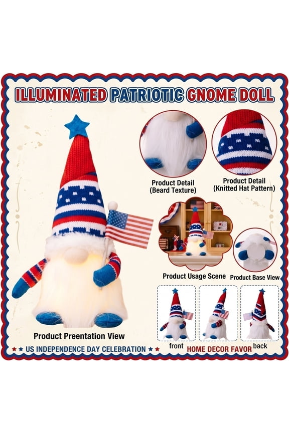 Lighted Patriotic 4th of July Gnome Plush, Glowing Heart Rudolf Knit Tomte Dwarf with Stars Stripes Braids Decor