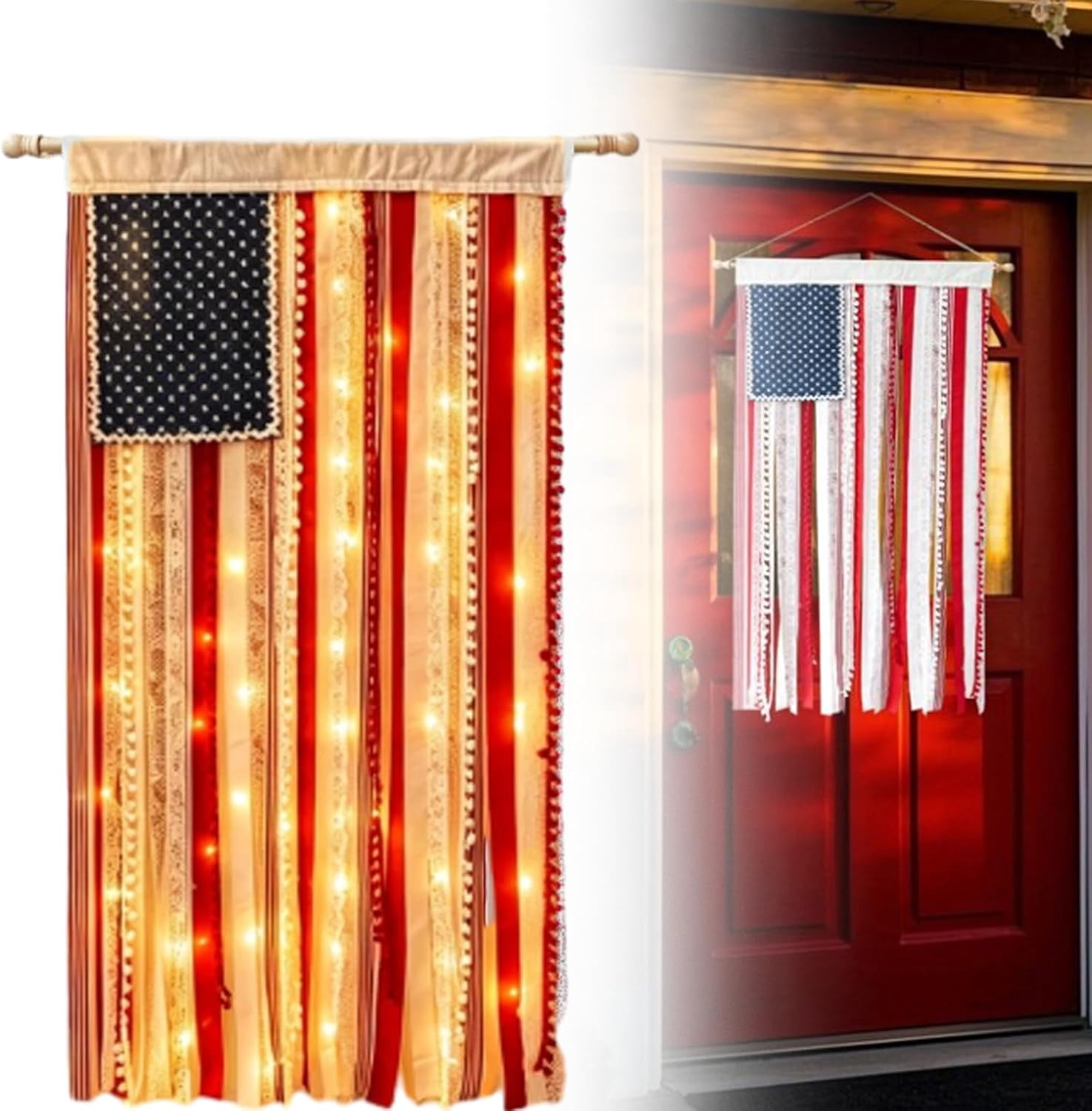 Lighted Patriotic American Flag Wall Hanging, 4 x 2.3 Ft Boho Flag with LED Lights, Retro Independence Day Bunting for Outdoor Indoor Home Porch Decor(xxw)