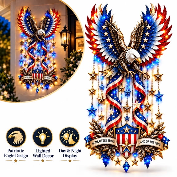 Lighted Patriotic Eagle Wall Hanging with Warm LED String Lights, Layered Acrylic Door Decor for Independence Day Memorial Day and Veterans Day