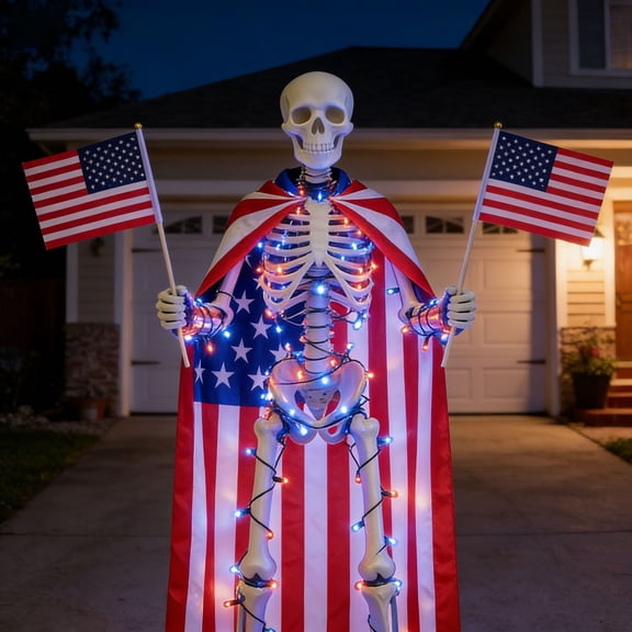 Lighted Up Patriotic Garden Decoration Giant Skeleton Independence Day Outfit Set 12ft Skeleton 4th of July Accessories with US Flag Cape String Lights Handheld US Flags Banner Hat Bow