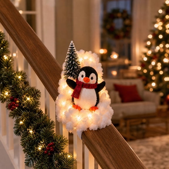 Lighted Penguin Christmas Staircase Decoration, Warm LED Snow Banister Railing Decor with Mini Tree, Winter Wonderland Holiday Ornament for Indoor Home Entryway Mantel