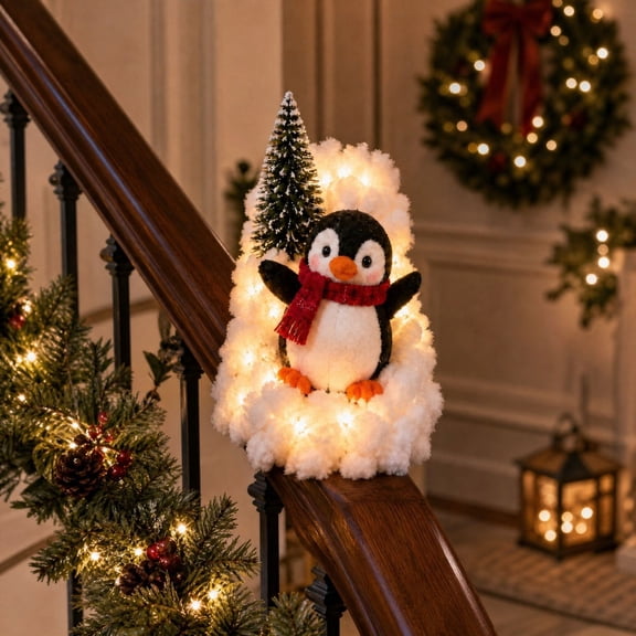 Lighted Penguin Christmas Staircase Decoration, Warm LED Snow Banister Railing Decor with Mini Tree, Winter Wonderland Holiday Ornament for Indoor Home Entryway Mantel