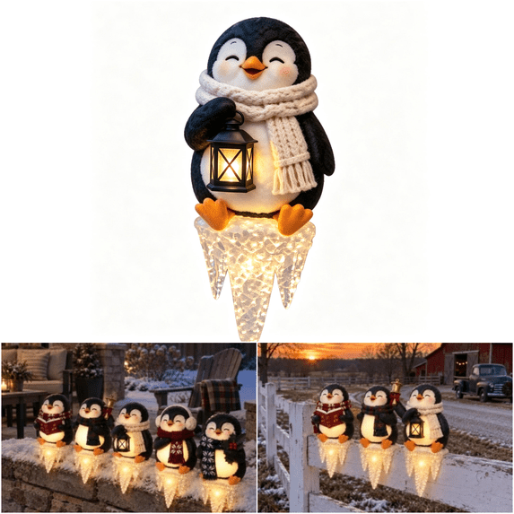 Lighted Penguin Icicle Holiday Decoration, Christmas Penguin Window Ledge Accent with Festive Glowing Winter Display, Indoor Decor for Home Mantel Shelf Party (penguin-C-1pc)