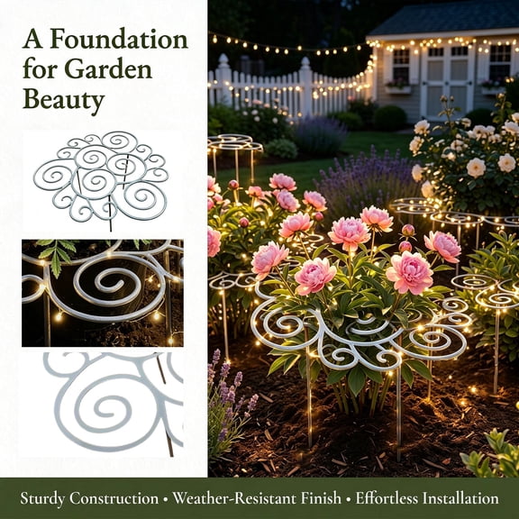 Lighted Peony Support Ring with LED Glow, Heavy Duty Metal Flower Stake with Spiral Decorative Lights, Battery Powered Cage for Peonies, Roses, and Spring Garden Decor (Battery Not Included)