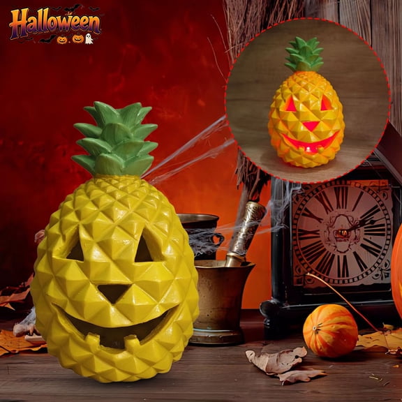 Lighted Pineapple Jack O Lantern Halloween Decor, Shatterproof Resin Battery Operated Flameless Pumpkin Pineapple Lamp,Indoor Covered Spooky Fall Seasonal Table Yard Patio Party Home Accent Gift