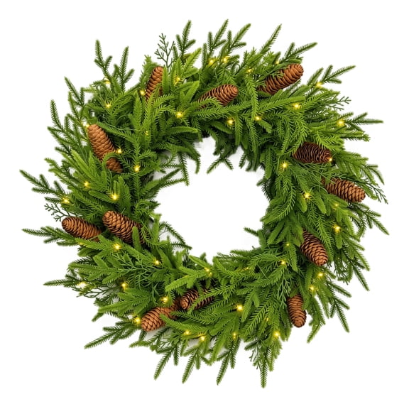 Lighted Pinecone Wreath, Pre Lit Pine Wreath Christmas Wreaths for Front Door Real Touch Pine Wreath With Pinecones Berries - Large Wreaths for Home Wall Window Porch Outdoor Xmas Decor, Pre Lit