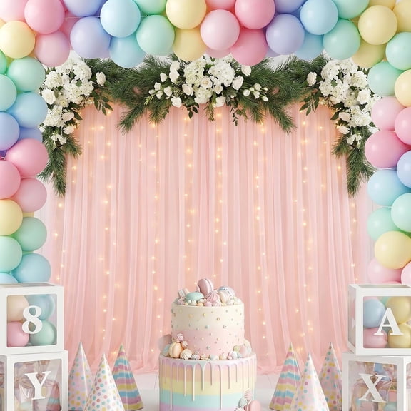 Lighted Pink Tulle Curtain Backdrop, DoubleLayer Polyester Sheer Backdrop with Steady & Blinking String Lights for Anniversary, Graduation and Photography Background