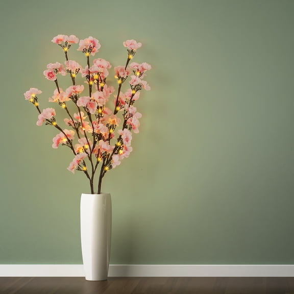 Lighted Plum Blossom Branches 2-Pack, 29.5in Battery-Powered Artificial Flower Stems with Warm White LED Lights for Wedding, Spring, Home & Table Decor