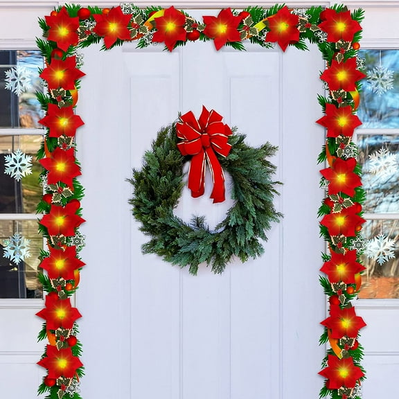 Lighted Poinsettia Christmas Garland with Artificial Red Berry Holly Leaf Christmas Pre-Lit Velvet Artificial Poinsettia Garland 10 LED String Lights for Christmas Decoration
