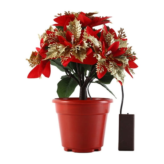 Lighted Poinsettia Tree with Warm White LED Lights | Artificial Christmas Plant for Holiday Table Centerpiece | Battery Powered Tabletop Decor | Includes 1 Flower Pot Light String